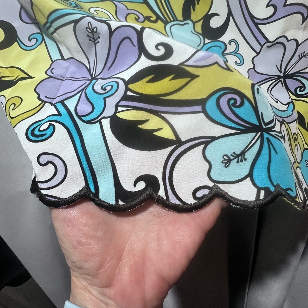 Andrea Viccaro 100% Silk Floral Skirt Size 12 Blue Green Scalloped Hem - Picture 4 of 7